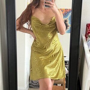 Abstract green and yellow cowl neck slip dress